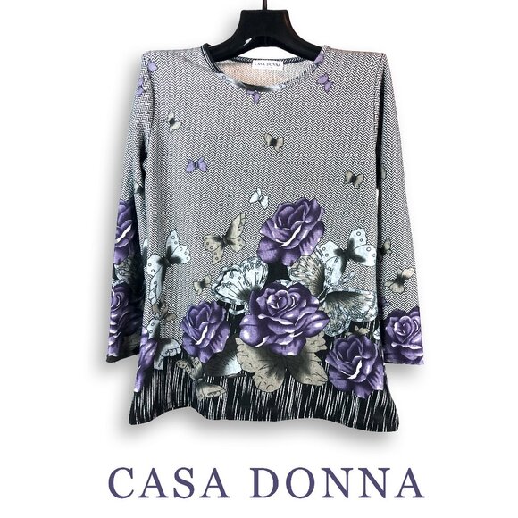 Casa Donna butterfly and roses grey silver purple long detail on sleeve top M - Picture 1 of 6